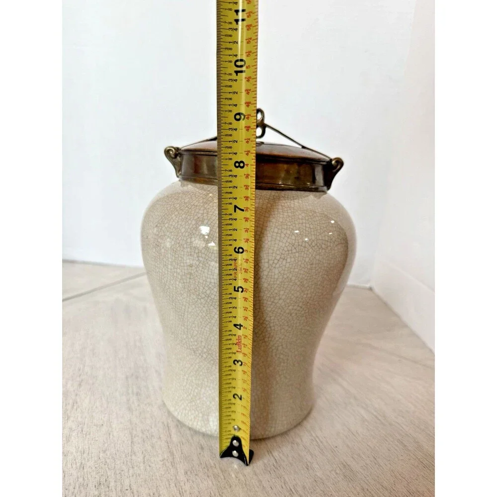 Vintage 1980s Tozai Faux Shagreen Crackle Porcelain & Bronze Ginger Jar Urn